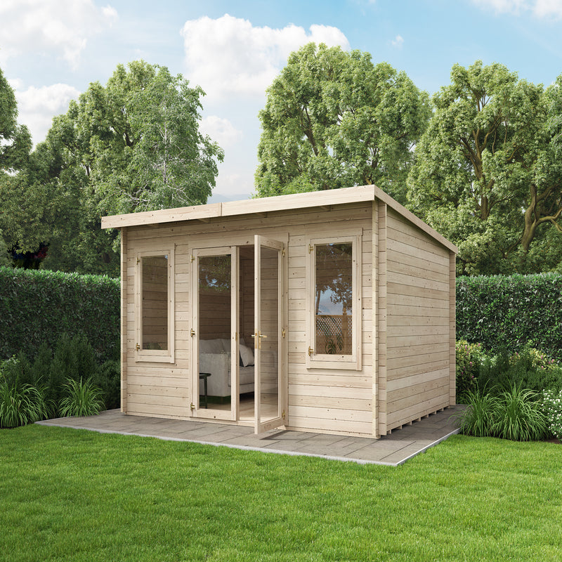 Ashley Pent Log Cabin, Natural Log Tongue & Groove, 4.5x3.5M.  Front left view of cabin in garden with one of the glass double doors open and a window each side.