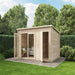 Darton Log Cabin Summer House with Adjustable Side Store 12x8ft front right view in garden with double door and store door open, showing inside.