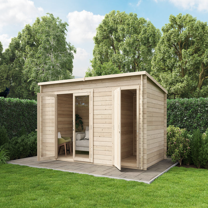 Darton Log Cabin Summer House with Adjustable Side Store 14x8ft front right view in garden with double door and store door open, showing inside.