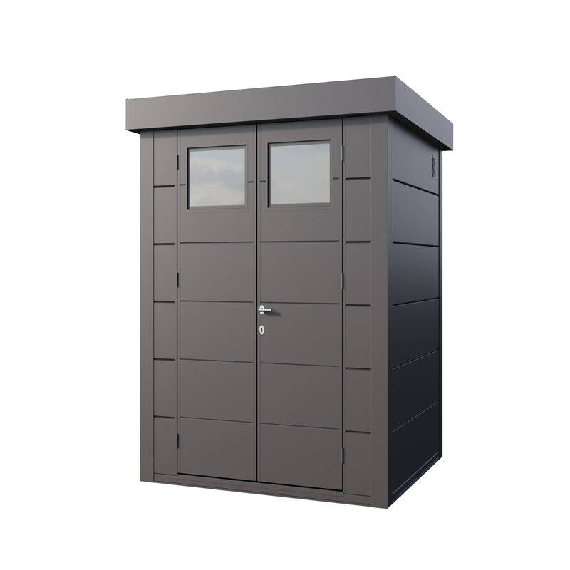 Telluria Sustainable Eleganto Steel Shed in Anthracite. Outside front right view of building on a white background, showing pent roof and double opening front doors with windows and vent on right side. 9x8. 