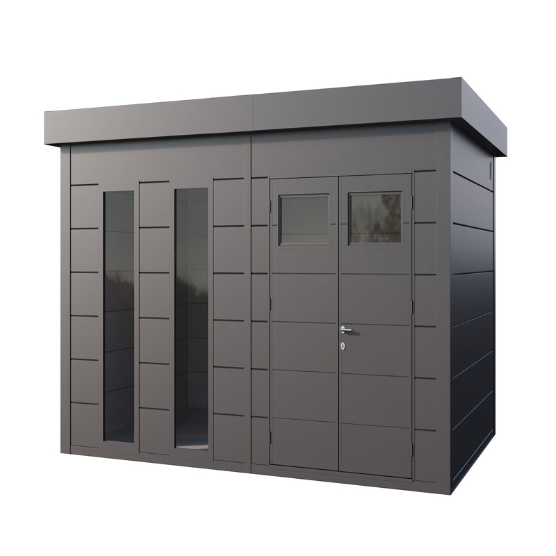 Telluria Sustainable Eleganto Premier Steel Shed in Anthracite. Outside view of front right hand side, showing pent roof and front double doors and double floor to ceiling windows 