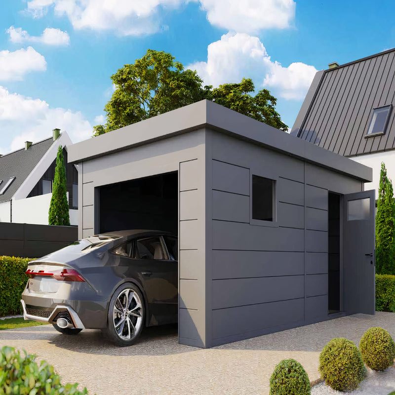 Telluria Sustainable Eleganto Garage in Anthracite. Outside front view of garage in situ, showing front right of building with garage door open and Audi car parking in the garage, giving idea of size, and right side with window and side door.