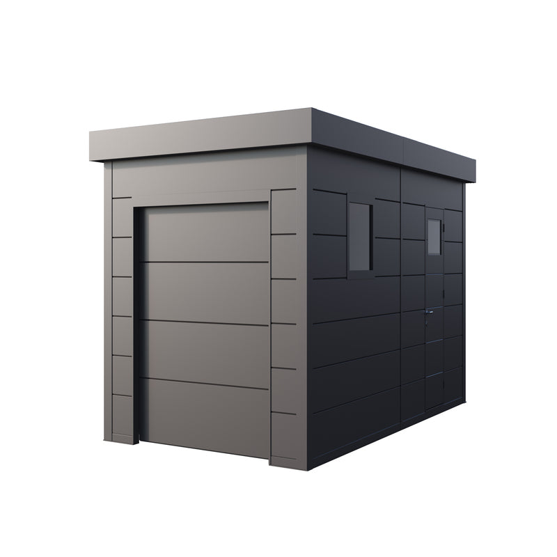 Telluria Sustainable Eleganto Garage in Anthracite. Outside view showing the front, right of garage on a white background with front garage door, side entry and window.