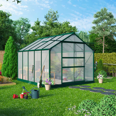 Harvester Polycarbonate, Extra-Tall Walk in Greenhouse. Front left outside view showing double sliding door on the from and the apex roof with vent, set within a garden.