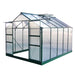 Harvester Polycarbonate, Extra-Tall Walk in Greenhouse. Front right outside view showing double sliding doors open on the front and the apex roof with vent open, set on a white background.