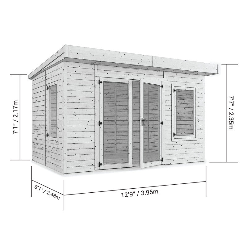 The Marple Insulated Log Cabin. Outside front left view diagram with measurements. 12x8ft.