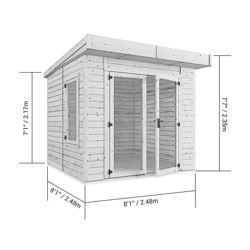 The Marple Insulated Log Cabin. Outside front left view diagram with measurements. 8x8ft.