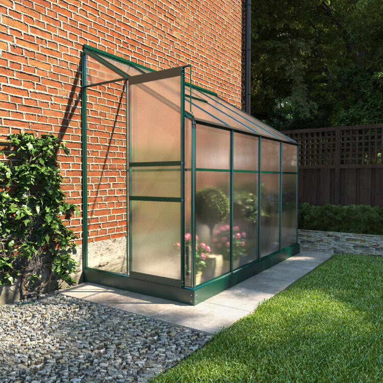 Small Space Metal and Polycarbonate Lean-To Greenhouse. Front right outside view with door open, situated in a garden attached to a house.