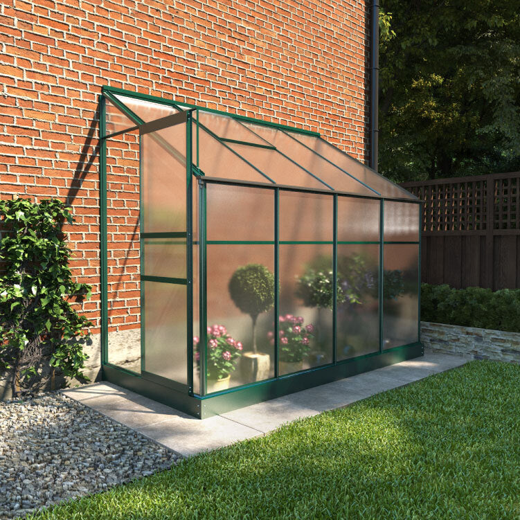 Small Space Metal and Polycarbonate Lean-To Greenhouse. Front right outside view with door open, situated in a garden attached to a house, showing more of the right hand side and roof.