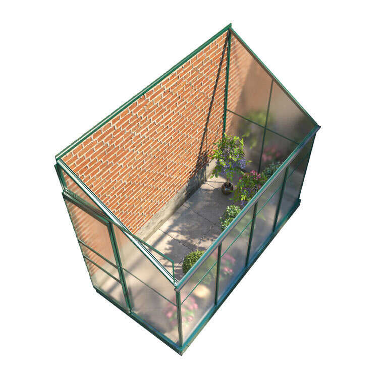 Small Space Metal and Polycarbonate Lean-To Greenhouse. Overhead view with roof removed to look down into the building, attached to a house.