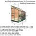 Small Space Metal and Polycarbonate Lean-To Greenhouse. Front right outside view with measurements overlayed. 4x8 size.