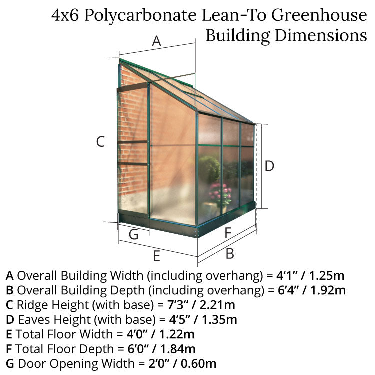 Small Space Metal and Polycarbonate Lean-To Greenhouse. Front right outside view with measurements overlayed. 4x6 size.