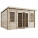 Ashley Pent Log Cabin, Natural Log Tongue & Groove. Front left view on white background. 4x3M.