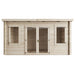 Ashley Pent Log Cabin, Natural Log Tongue & Groove. Front view on white background showing glass double doors and window each side. 4.5x3.5M.