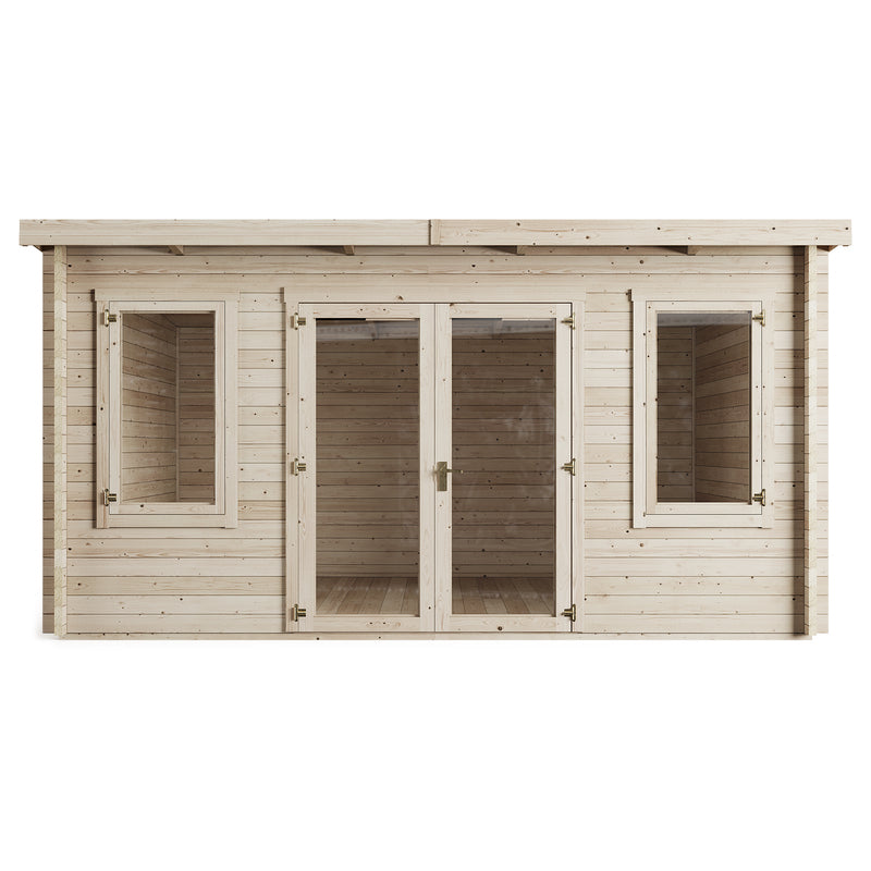 Ashley Pent Log Cabin, Natural Log Tongue & Groove. Front view on white background showing glass double doors and window each side. 4.5x3.5M.