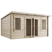 Ashley Pent Log Cabin, Natural Log Tongue & Groove. Front left view on white background. 4.5x3.5M.