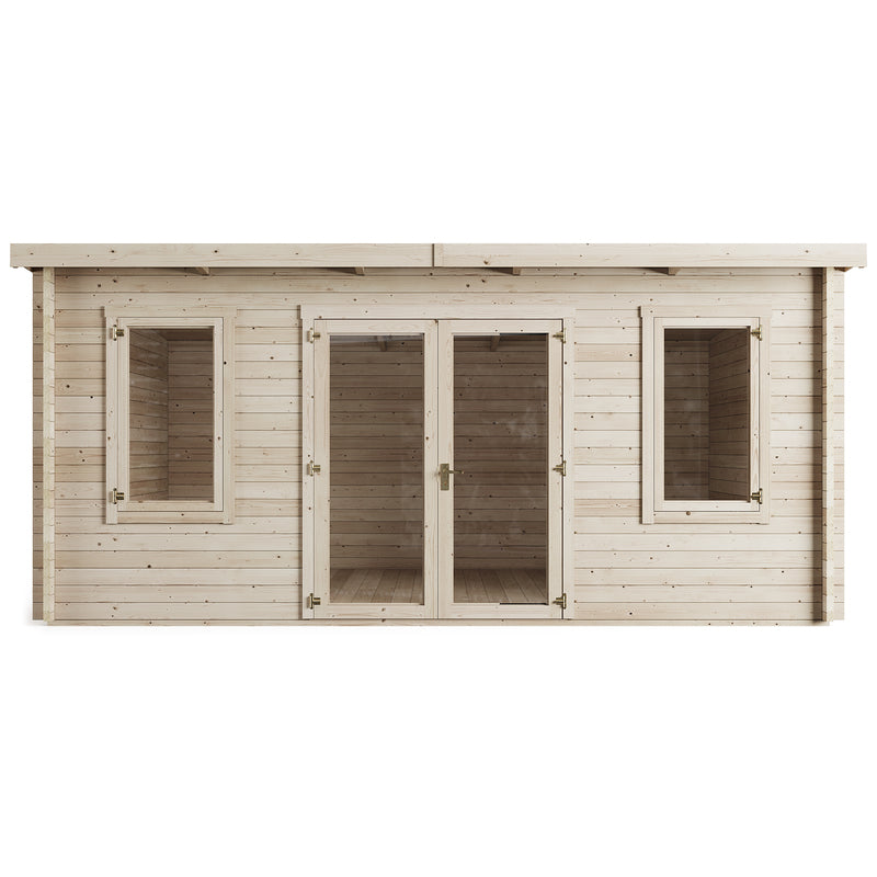 Ashley Pent Log Cabin, Natural Log Tongue & Groove. Front view on white background showing glass double doors and window each side. 4x3M.