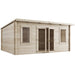 Ashley Pent Log Cabin, Natural Log Tongue & Groove. Front left view on white background. 5x4M.