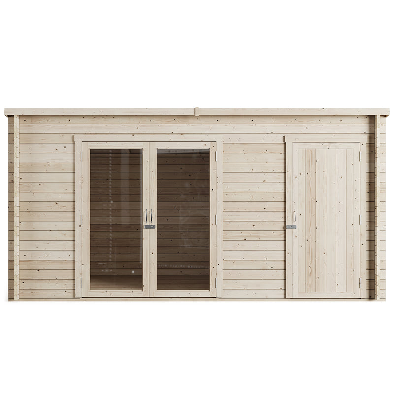 Darton Log Cabin Summer House with Adjustable Side Store 14x8ft front view showing glass double doors to main room and solid wood store door to the right.