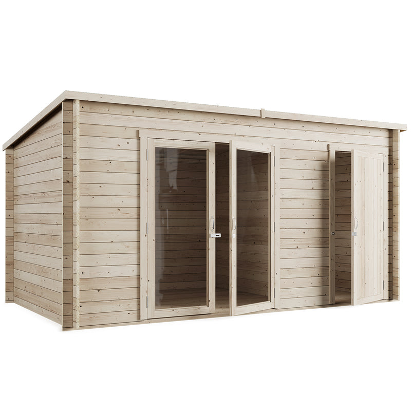 Darton Log Cabin Summer House with Adjustable Side Store 14x8ft front left view on white background with doors slightly open showing inside space.