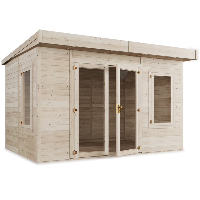 The Marple Insulated Log Cabin. Outside front left view on white background, showing double glass doors and side window. 12x8ft.