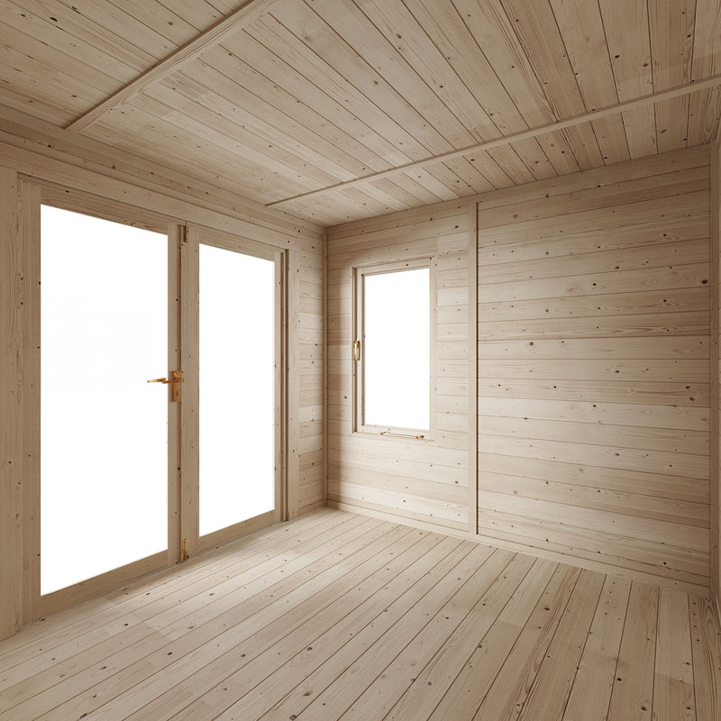 The Marple Insulated Log Cabin. Inside view showing double glass doors and side window. 8x8ft.