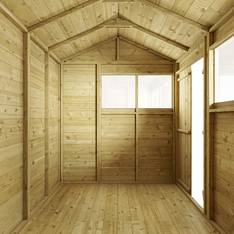 Customisable Apex Tongue & Groove Wooden Shed. Inside view of windowed 12x6 ft.