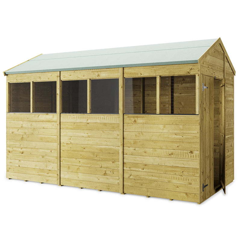 Customisable Apex Tongue & Groove Wooden Shed. Outside view of front left sides showing example of windowed shed and double opening doors on the end. On a white background. 12x6 ft.