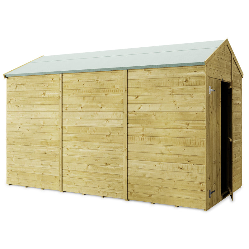 Customisable Apex Tongue & Groove Wooden Shed. Outside view of front left sides showing example of windowless shed and double opening doors on the end. On a white background. 12x6 ft.