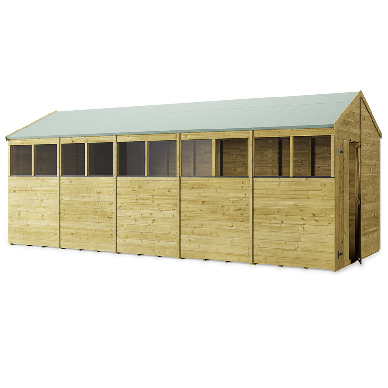 Customisable Apex Tongue & Groove Wooden Shed. Outside view of front left sides showing example of windowed shed and double opening doors on the end. On a white background. 20x8 ft.