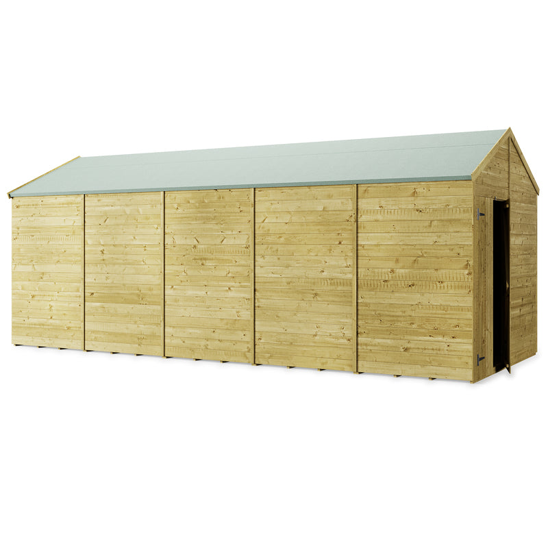 Customisable Apex Tongue & Groove Wooden Shed. Outside view of front left sides showing example of windowless shed and double opening doors on the end. On a white background. 20x8 ft.