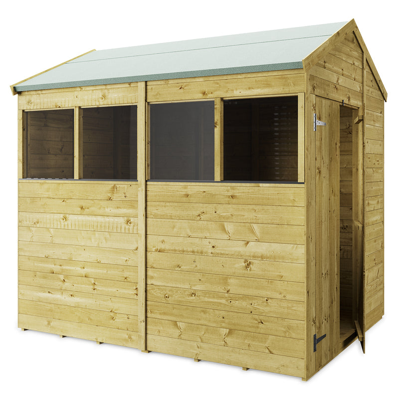 Customisable Apex Tongue & Groove Wooden Shed. Outside view of front left sides showing example of windowed shed and double opening doors on the end. On a white background. 8x6 ft.