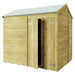 Customisable Apex Tongue & Groove Wooden Shed. Outside view of front left sides showing example of windowless shed and double opening doors. On a white background. 8x6 ft.