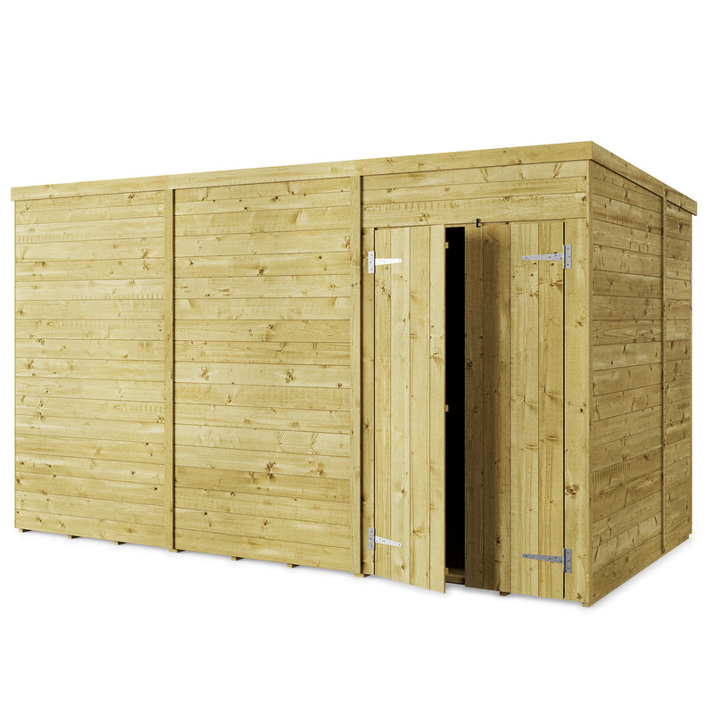 Customisable Pent Tongue & Groove Wooden Shed with double opening doors, windowless 12x8ft.