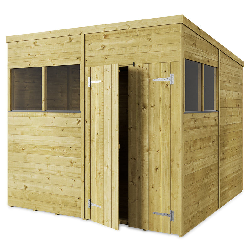 Customisable Pent Tongue & Groove Wooden Shed with double opening doors on front, windowed front and side 8x8 ft.