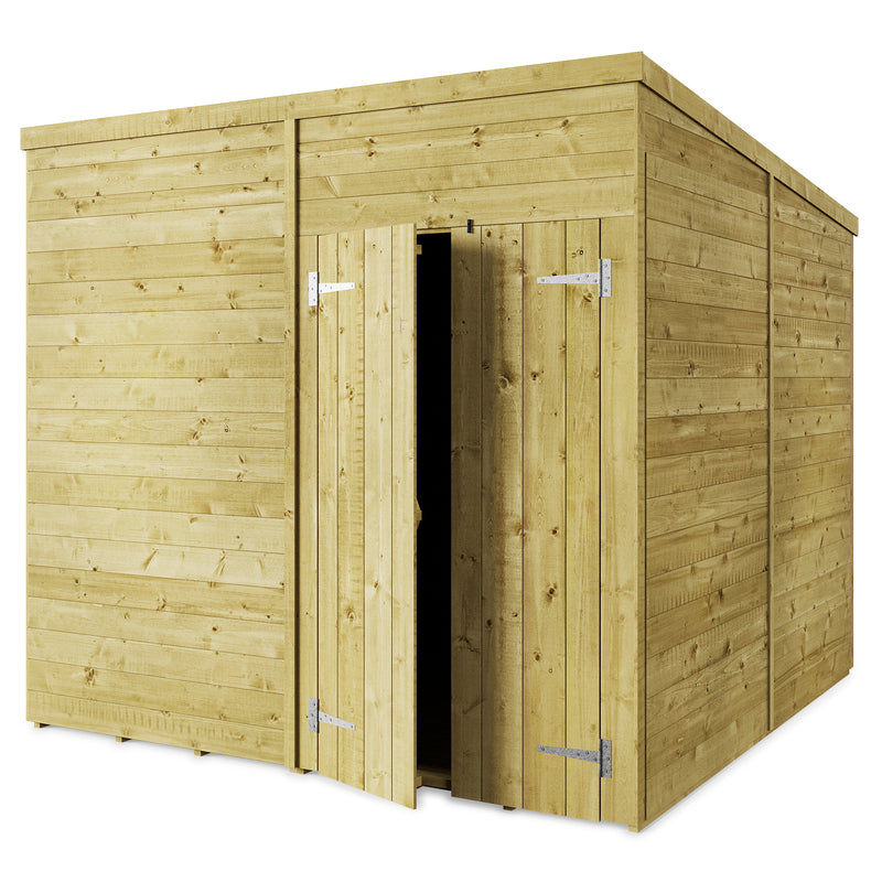 Customisable Pent Tongue & Groove Wooden Shed with double opening doors, windowless 8x8ft.