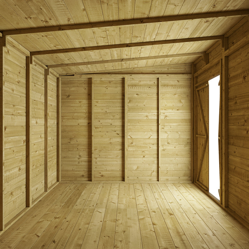 Customisable Pent Tongue & Groove Wooden Shed, inside view, windowless. 8x8 ft