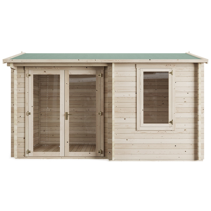 Welbeck Log Cabin Garden Office, Log Tongue & Groove. Front outside view on a white background, showing double glass front doors and windows. 4x3m.