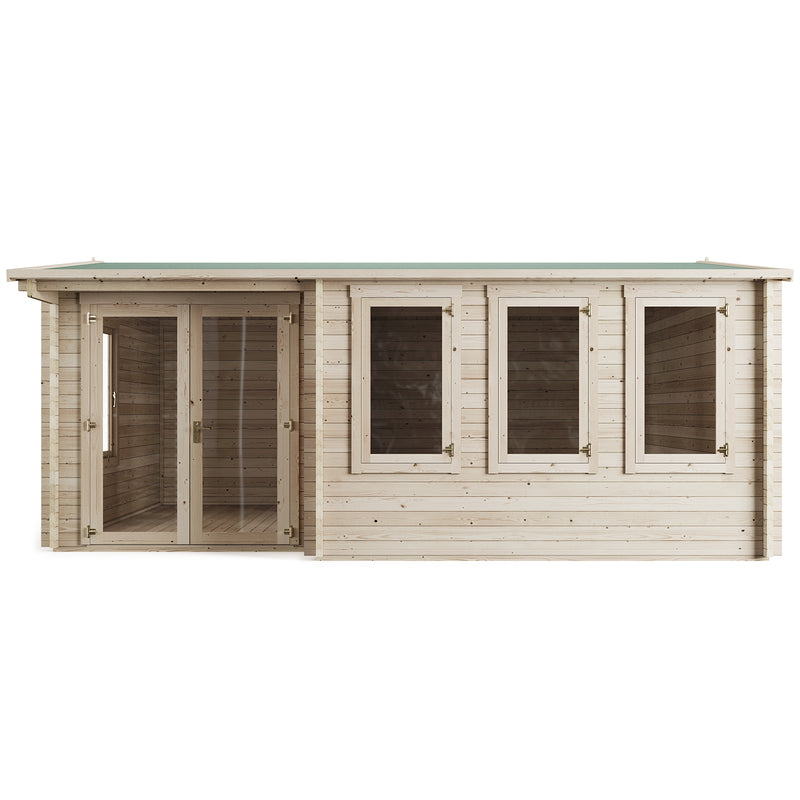 Welbeck Log Cabin Garden Office, Log Tongue & Groove. Front outside view on a white background, showing double glass front doors and 3 windows. 5.5x5m.