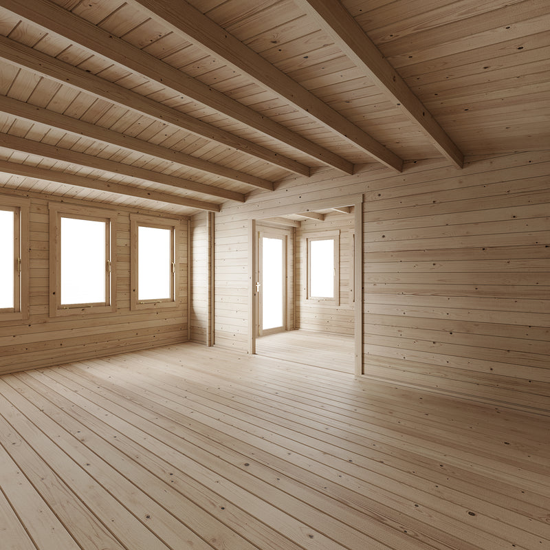 Welbeck Log Cabin Garden Office, Log Tongue & Groove. Inside view from back left corner, showing partial double glass front doors through arch, windows and room partition with archway. 5.5x5m.