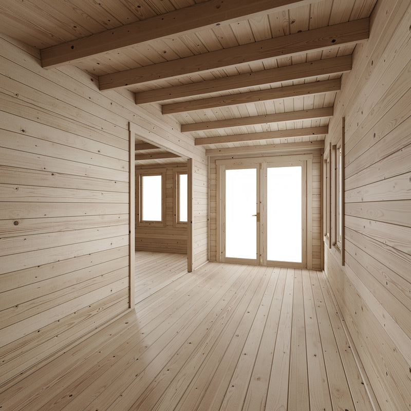 Welbeck Log Cabin Garden Office, Log Tongue & Groove. Inside view from back right corner, showing double glass front doors, windows and room partition with archway. 5.5x5m.