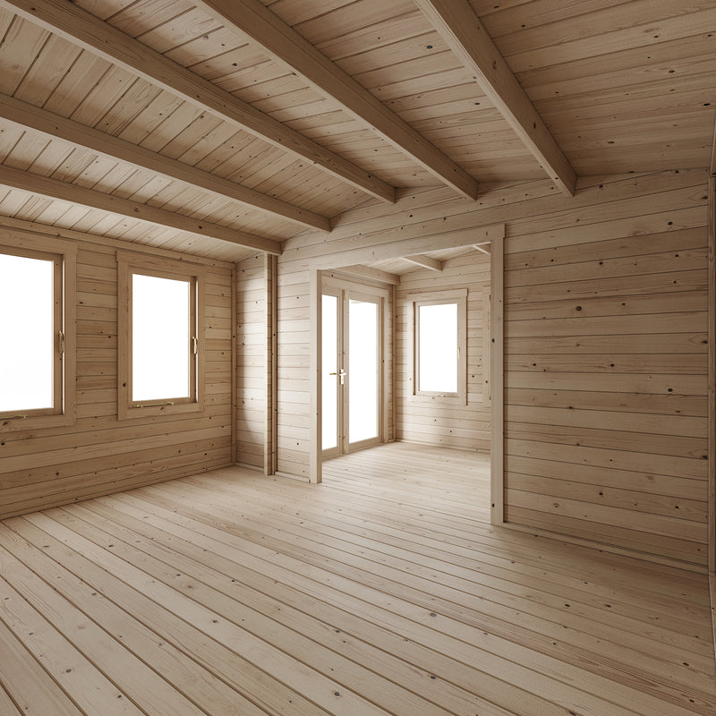 Welbeck Log Cabin Garden Office, Log Tongue & Groove. Inside view from back left corner, showing partial double glass front doors through arch, windows and room partition with archway. 5x4m.