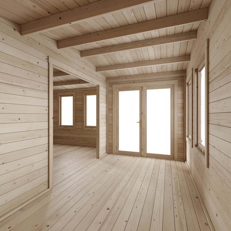 Welbeck Log Cabin Garden Office, Log Tongue & Groove. Inside view from back right corner, showing double glass front doors, windows and room partition with archway. 5x4m.