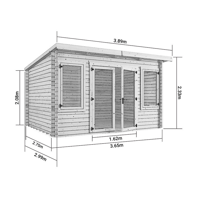 Ashley Pent Log Cabin, Natural Log Tongue & Groove. Front left view of cabin diagram with measurements. 4x3M.