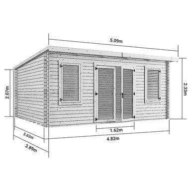 Ashley Pent Log Cabin, Natural Log Tongue & Groove. Front left view of cabin diagram with measurements. 5x4M.