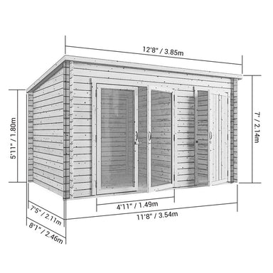 Darton Log Cabin Summer House with Adjustable Side Store 12x8ft front left view with measurements added.