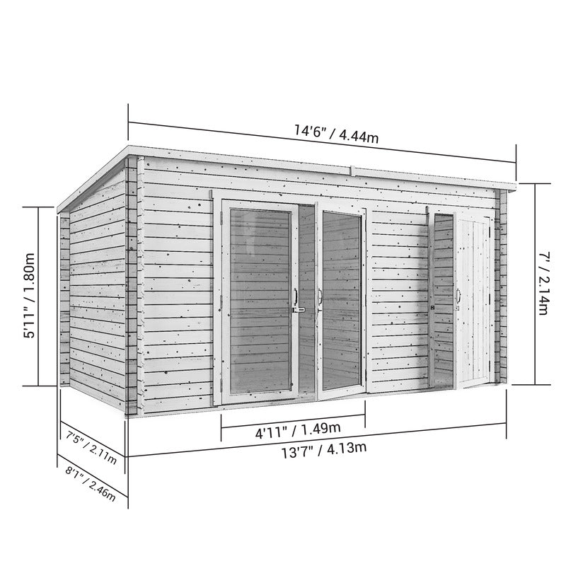 Darton Log Cabin Summer House with Adjustable Side Store 14x8ft front left view with measurements added.