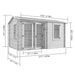 Welbeck Log Cabin Garden Office, Log Tongue & Groove. Front left outside view diagram with measurements on a white background, showing roof apex, double glass front doors, front and side windows. 4x3m.