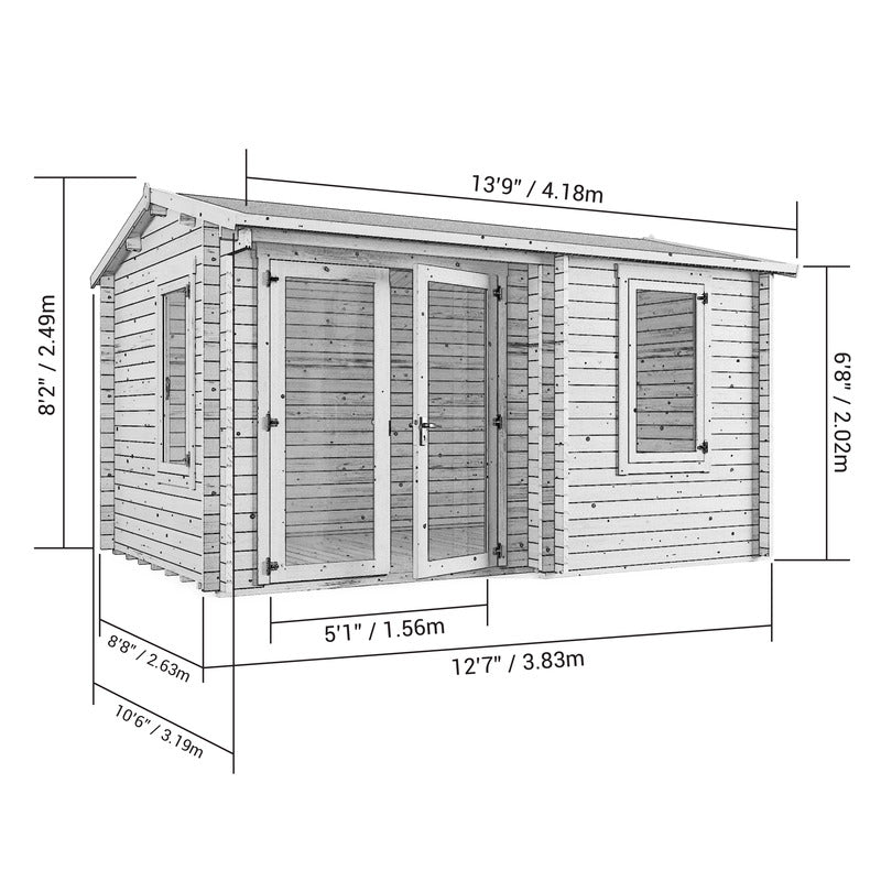 Welbeck Log Cabin Garden Office, Log Tongue & Groove. Front left outside view diagram with measurements on a white background, showing roof apex, double glass front doors, front and side windows. 4x3m.