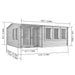 Welbeck Log Cabin Garden Office, Log Tongue & Groove. Front left outside view diagram with measurements on a white background, showing roof apex, double glass front doors, front and side windows. 5.5x5m.